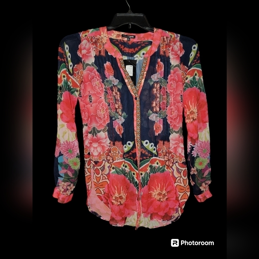 Fashion Nova Floral Sheer Blouse in Pink and Navy
